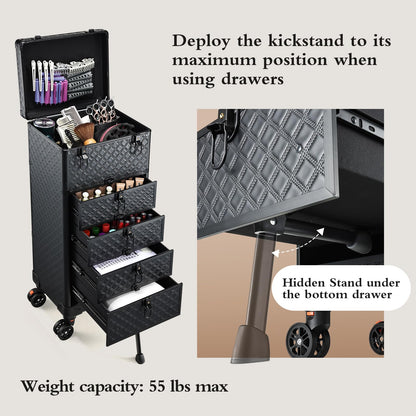 Yueieoun Nail Salon Cart with 4 Drawers,Rolling Makeup Train Case for Beauty,Cosmetology Case on Wheels,Trolley Cart,Lockable Organizer Travel Case for Manicure/Face Painting/Hairstylist/Tattoo Artist