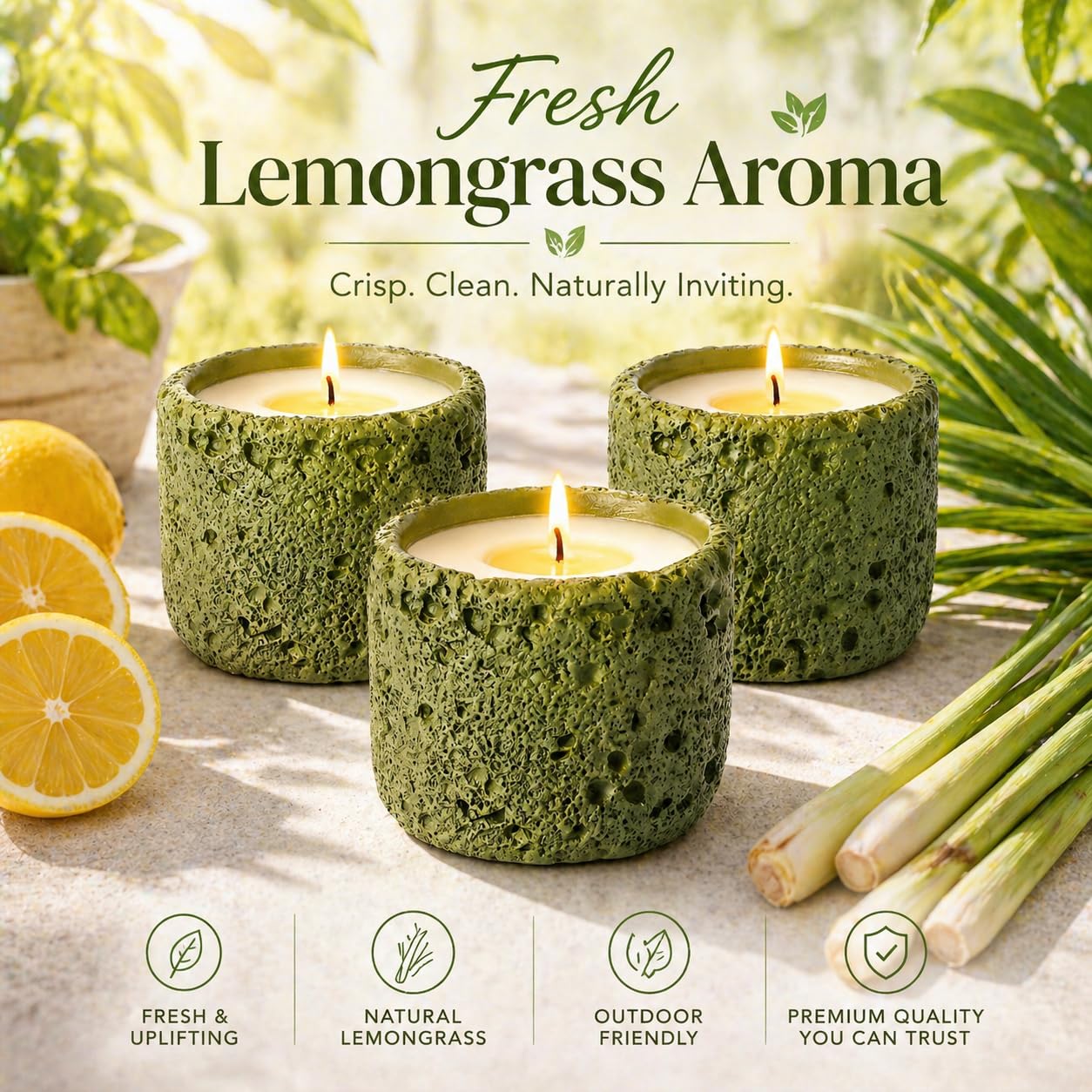 Viyffo 3 Pack Citronella Candles Outdoor, Lemongrass Scented Candle Set, Small 6oz Soy Candle in Green Ceramic Jar, Outdoor Candles for Patio, Deck, Garden, Backyard & Camping Gift (12 Hour Burn Each)