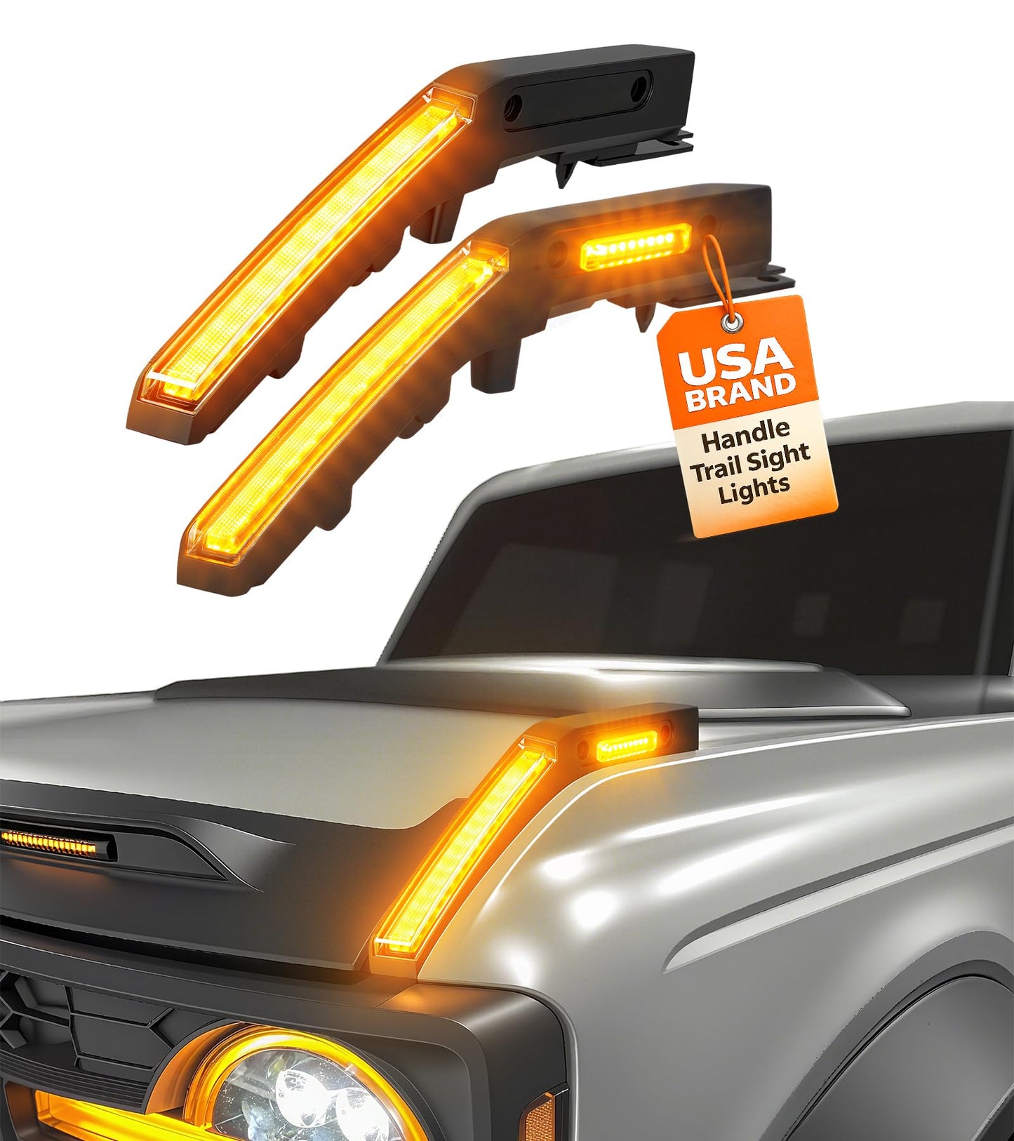 LED Hood Handle Trail Sight Lights for Ford Bronco 2021 2022 2023 2024 2025 2026 Accessories Fog Light Kit Marker Lighting Bar (Amber DRL with Side Markers)