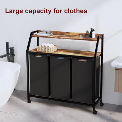 Timberer Laundry Hamper, Laundry Sorter 3 Section, Rolling Laundry Basket with Wheels, 2 Shelves, 3 × 14.5 Gal, Pull-Out and Removable Oxford Fabric Bags, for Laundry Room, Black and Rustic Brown