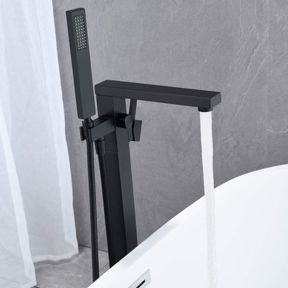 Wowkk Freestanding Bathtub Faucet Tub Filler Black Floor Mount Bathroom Faucets Brass Single Handle with Hand Shower