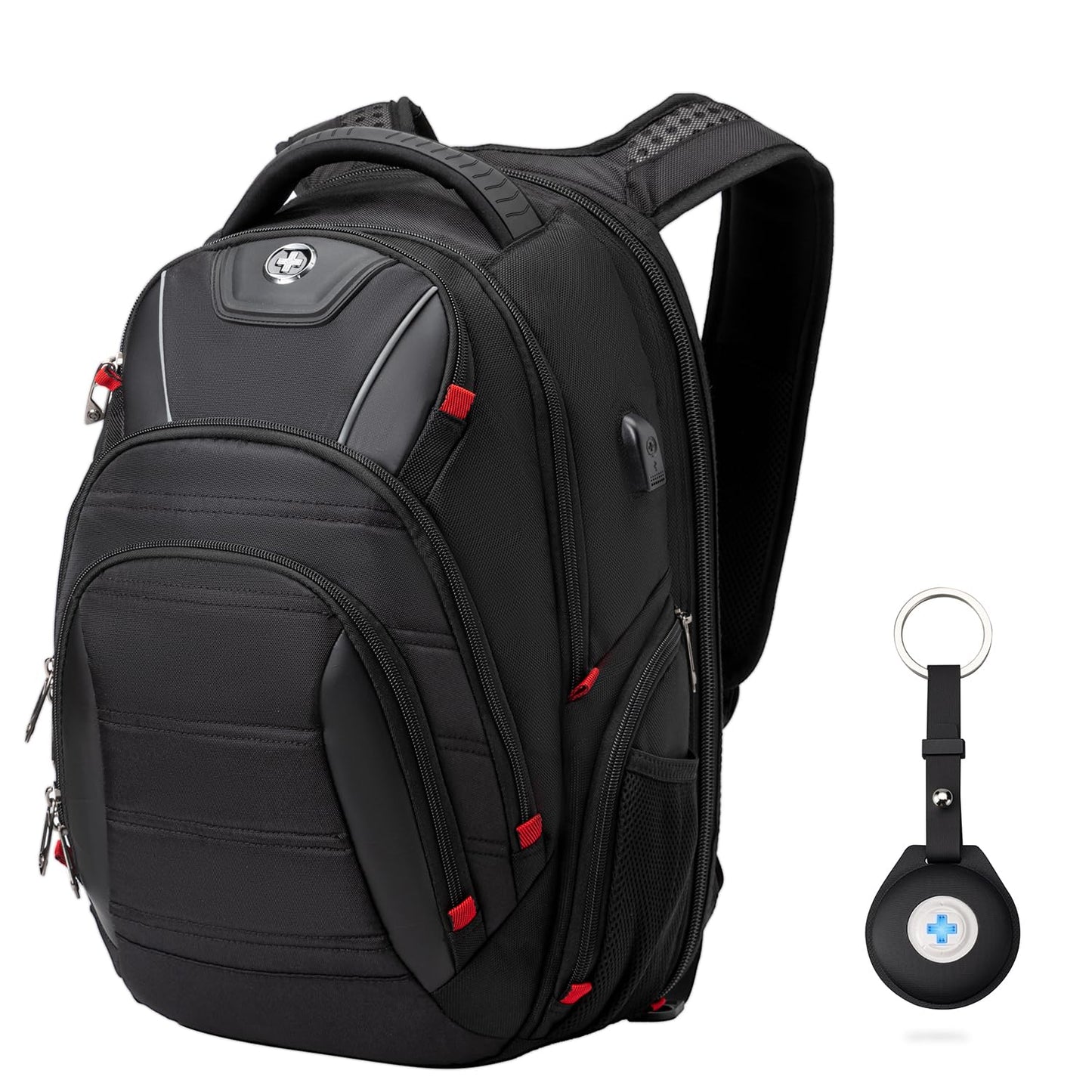 Swissdigital Design Travel Backpack for men with Apple Find My, TSA Friendly USB Charging RFID Protection Business Backpack Fits 15.6" Laptops Black | J149508F-BR