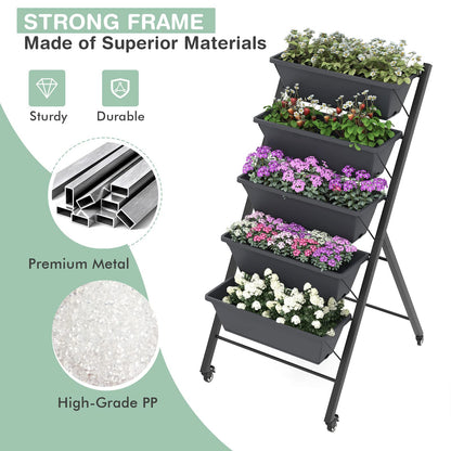 S AFSTAR 5-Tier Vertical Garden Planter, Raised Garden Bed with 2 Lockable Wheels, 7 Removable Planter Boxes, Metal Frame, Indoor Outdoor Elevated Planting Box for Flower Vegetables Fruit Herbs