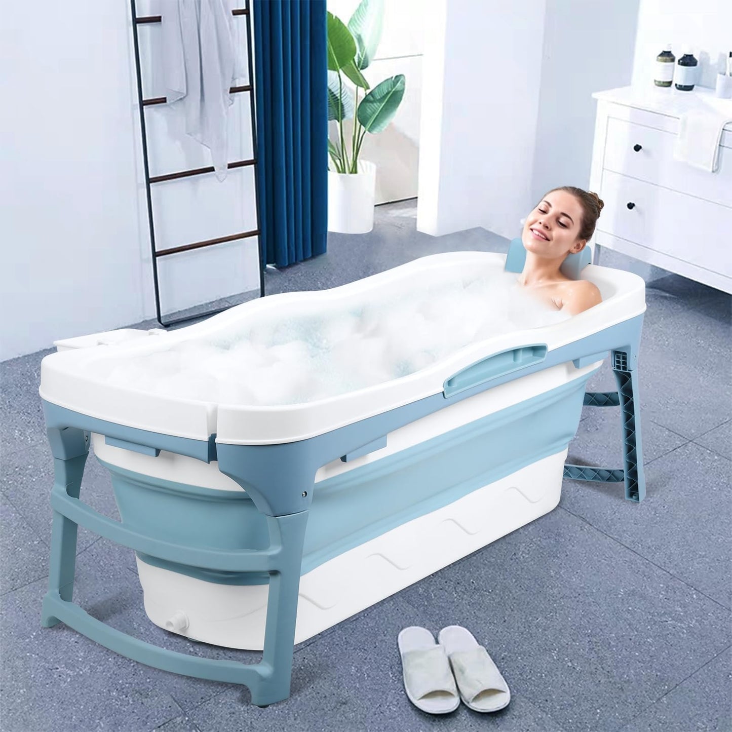 51" Large Foldable Portable Bathtub for Adults | Collapsible Bathtub with Dual Drains[Smooth Drain] | Folding Bath Tub for Shower Stall | Soaking Tub for Bathroom | Ice Hot Bath Tubs Blue