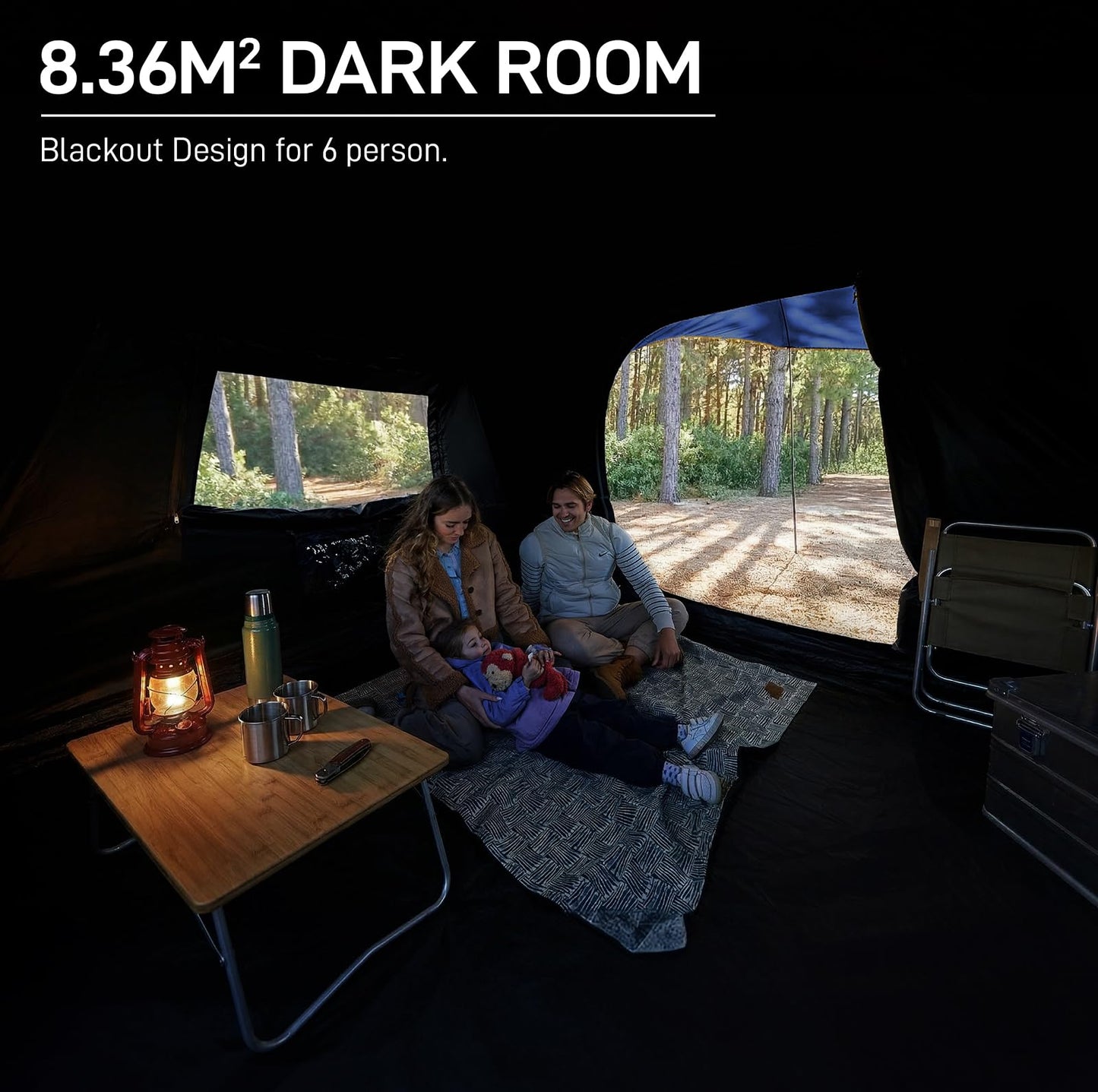 EVER ADVANCED Blackout Design 6 Person Camping Tent with 80 sq.ft Massive Vestibule, Large Mesh Screen Room, 81in Tall Expanded Headroom, Blackout Coating, 4000mm Water-Resistant Compact Grey Blue
