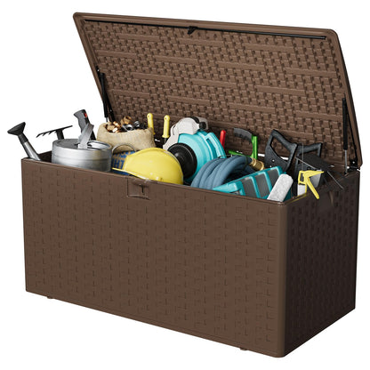 GarveeLife 100 Gallon Outdoor Storage Box, Large Resin Deck Box with Hydraulic Air Rod, Weatherproof & Lockable Outdoor Storage Bin for Patio Cushions, Garden Tools, Pool Supplies, Porch, Brown