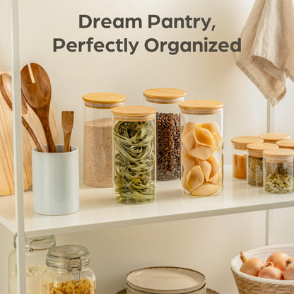 Praknu Glass Food Storage Jars 40oz Airtight Lid - Set of 4 Storage Container with Bamboo Lid - Clear Borosilicate Glass - Dishwasher Safe - Pantry Storage Containers