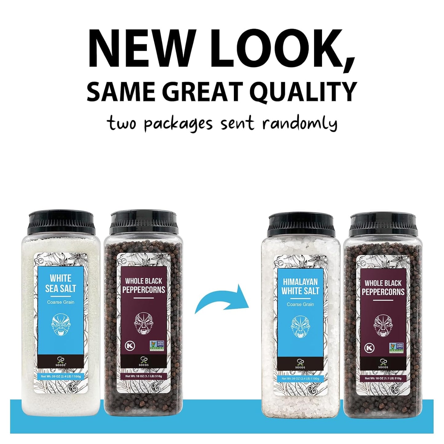 Soeos Himalayan Sea Salt & Whole Black Peppercorns - Coarse Grain, 39 oz & 18 oz Refill Set