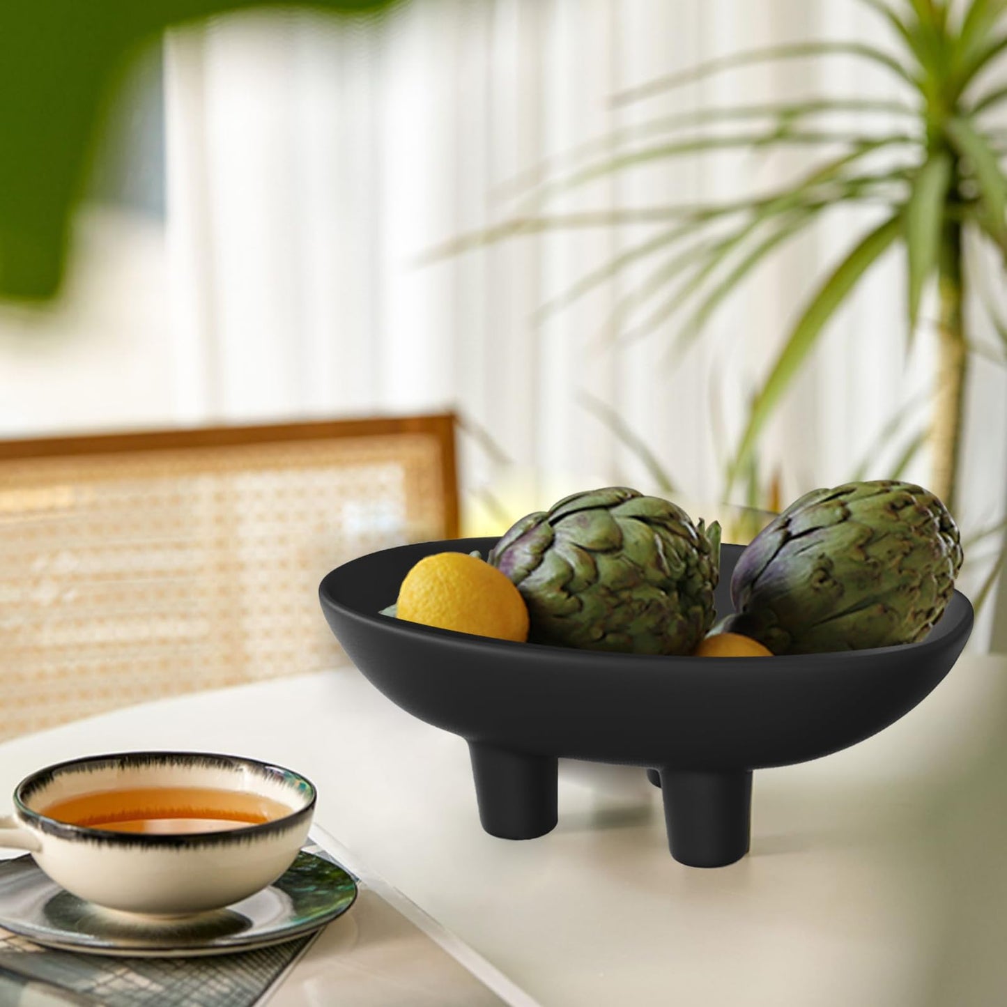 Samchilderlan Ceramic Fruit Bowl for Kitchen Counter, Three-Legs Decorative Bowl for Table Settings, Modern Fruit Bowl for Home Decor, 10inch Large Centerpiece Bowl for Breads Nuts (Black)