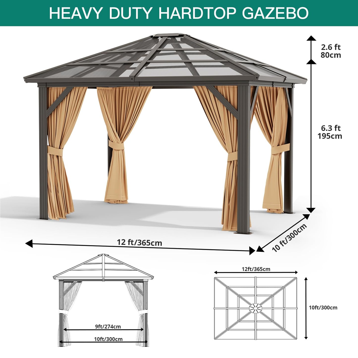 10'x12' Hardtop Gazebo, Outdoor Polycarbonate Single Roof Canopy, Aluminum Frame Permanent Pavilion with Curtains and Netting, Sunshade for Garden, Patio, Lawns