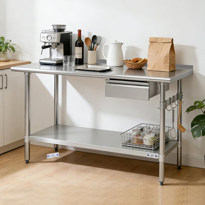Hally Stainless Steel Prep Table 24 x 60 Inch with Backsplash, NSF Certified Commercial Work Table with Drawer, Removable Stainless Steel Pan, Undershelf and Side Hook for Restaurant, Home, Garage