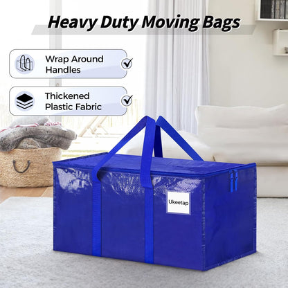 Skiennix Extra Large Heavy-Duty Moving Bags - 8 Pack with Reinforced Handles & Zippers | Blue Storage Totes for Clothes & Dorm Supplies