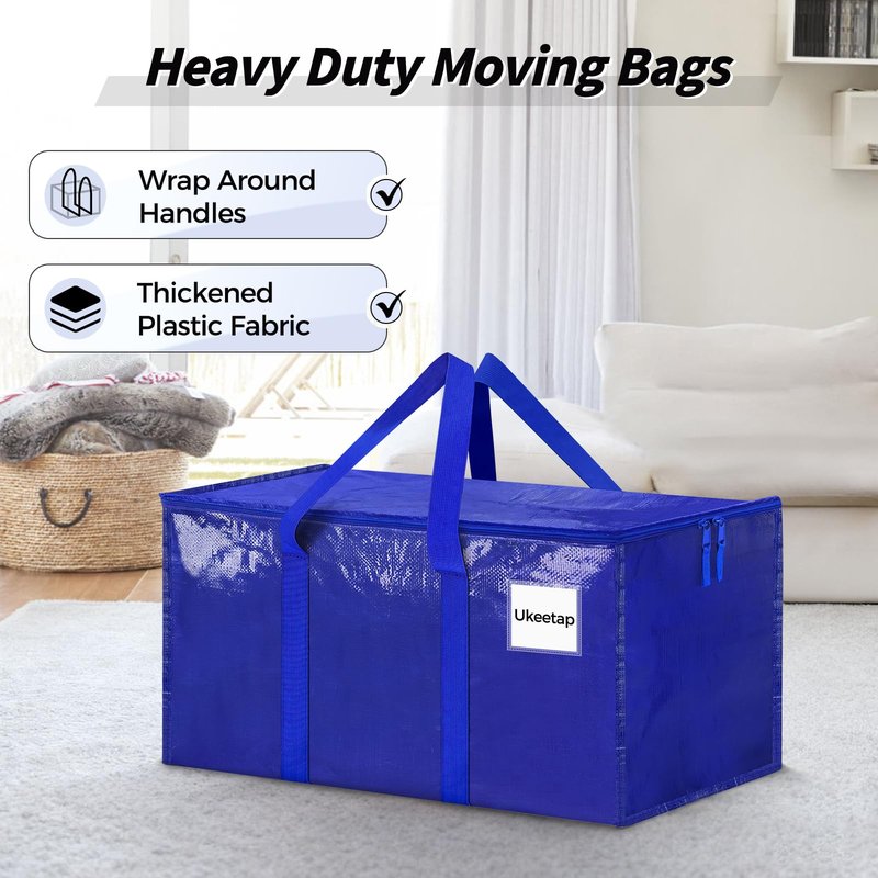 8 Pack Extra Large Heavy Duty Moving Bags, Blue Storage Bins with Lids, Reinforced Handles & Heavy-Duty Zippers Moving Boxes Storage Bags Totes for Clothes Packing, Dorms, College Supplies, Blue