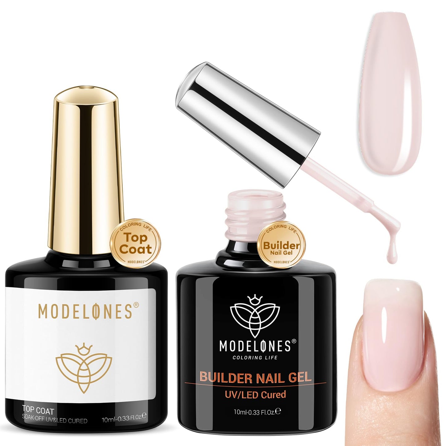modelones Builder Nail Gel with Gel Top Coat, 3Pcs Clear Builder Nail Kit for Thickening Apex Building Extension Rhinestone Gel Tips Glue, U/V LED Lamp Cured for Home DIY Salon Girls