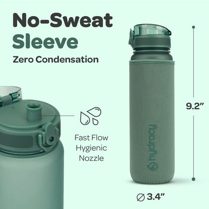 Hydracy Water Bottle with Time Marker - Large 32 oz BPA Free Gym Bottle & No Sweat Sleeve -Leak Proof Lid with Fruit Infuser Strainer & Times to Drink - Ideal for Fitness Sports & Outdoors