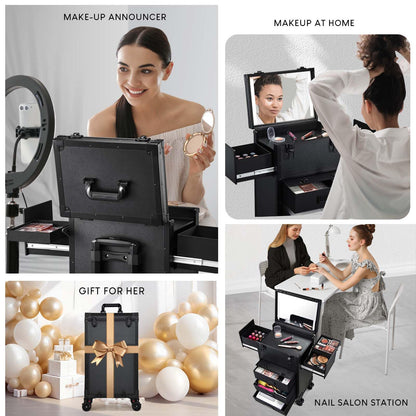 Faquenc Rolling Makeup Case with lighted mirror, Cosmetology Case on Wheels with LED Mirror, Professional Salon Trolley Cart with Drawer,Travel Makeup Lockable Beauty Organizer with Live Stream Light