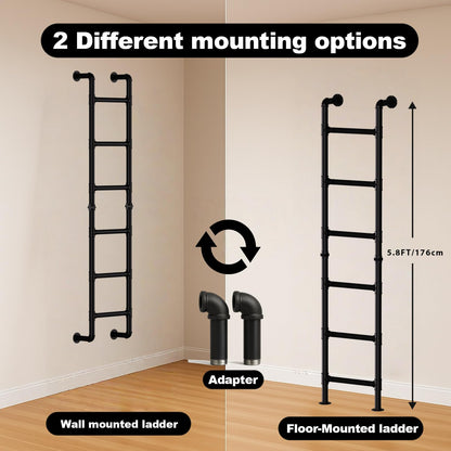 Black 6-Step Wall Mounted Steel Ladder, 6FT Egress Window Well Loft Ladder for Bunk Bed, Camper, RV – Wall/Floor-Mounted Indoor Climb for Basement, Loft, Dorm, Small Spaces