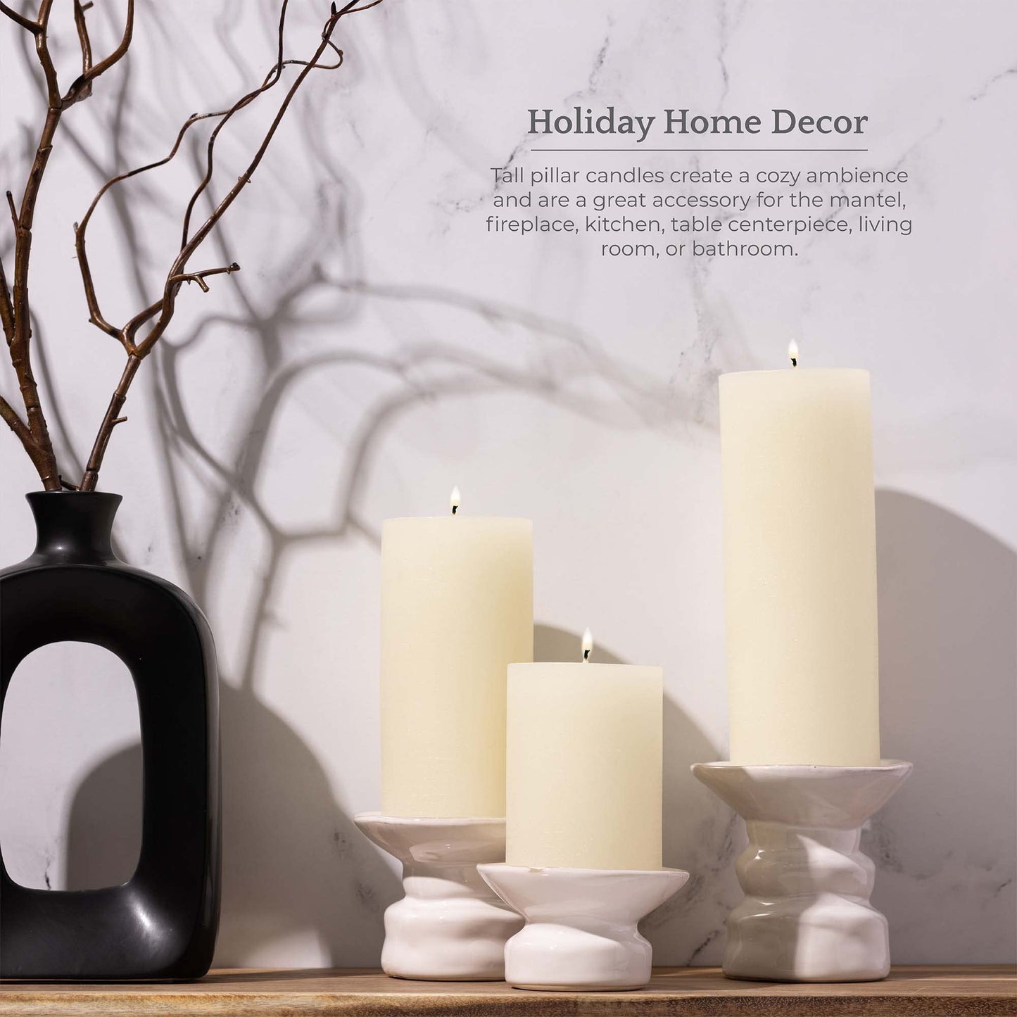 BASK Mottled Pillar Candles - Unscented Ivory Pillar Candles Set of 3 - Dripless, Smokeless for All Occasions
