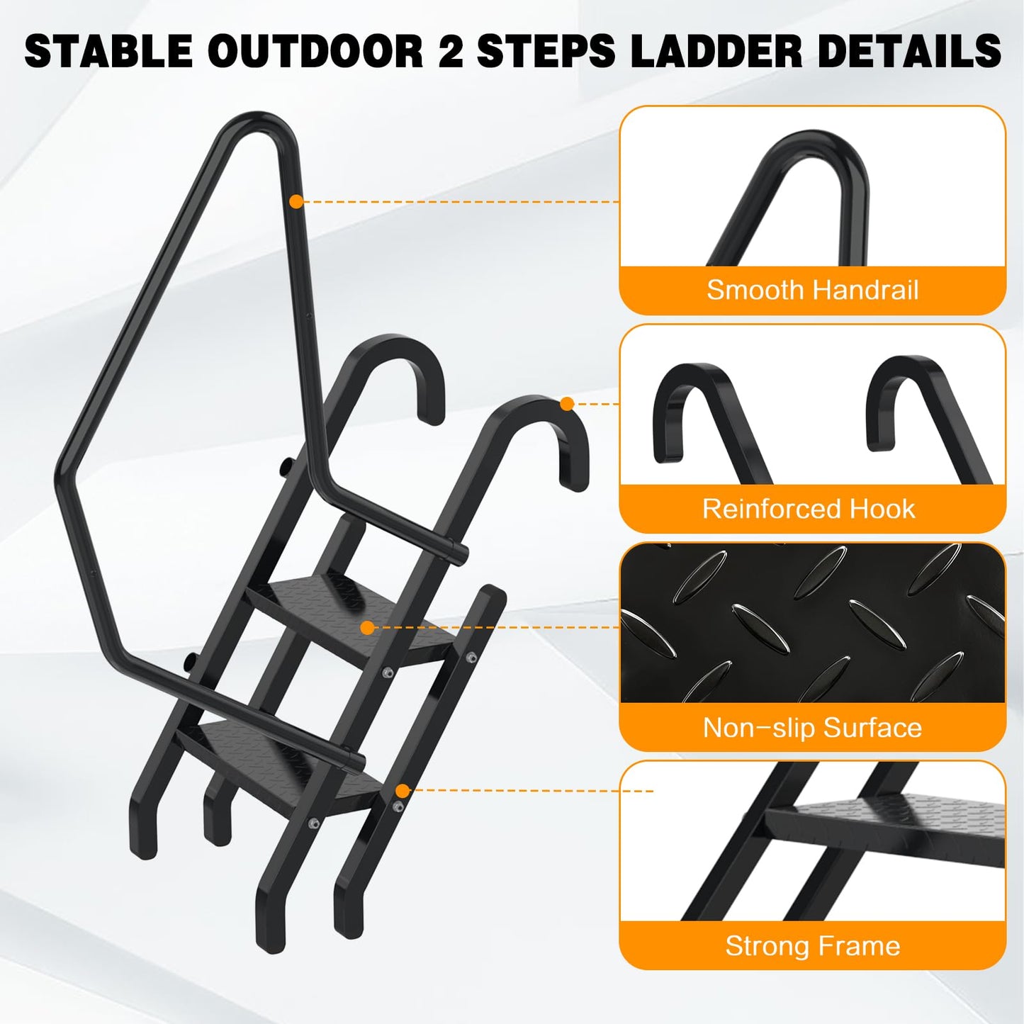 Height Adjustable 2 Steps Ladder with Handrail, Heavy Duty 2 Step Metal Ladder with Non-Slip Pedals for Indoor & Outdoor Steps (450LBs Loading)