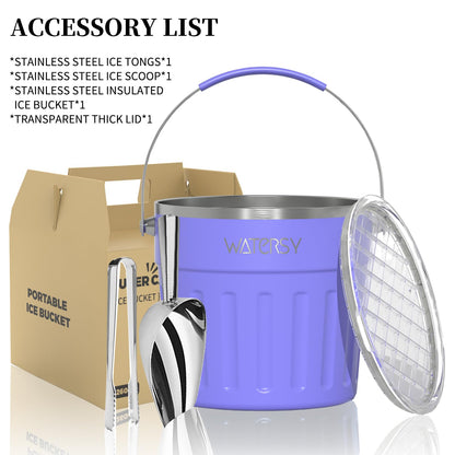 WATERSY Insulated Ice Bucket（8 Quart / 7.6 L） with Lid, Scoop, Ice Tong，Wall Vacuum Stainless Steel, Purple