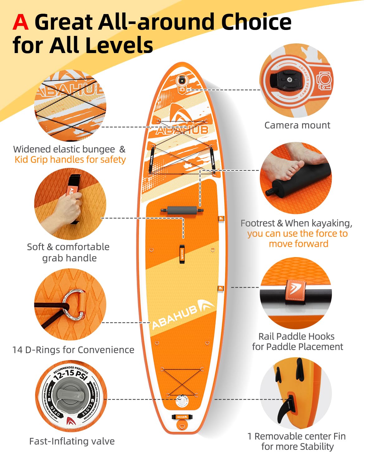 Abahub Inflatable SUP, Wide 10'6" x 31"/34" iSUP, Orange Standup Paddleboard with Adjustable SUP Kayak Paddle, for Yoga, Paddle Board, Kayaking, Surf, Canoe, Fishing