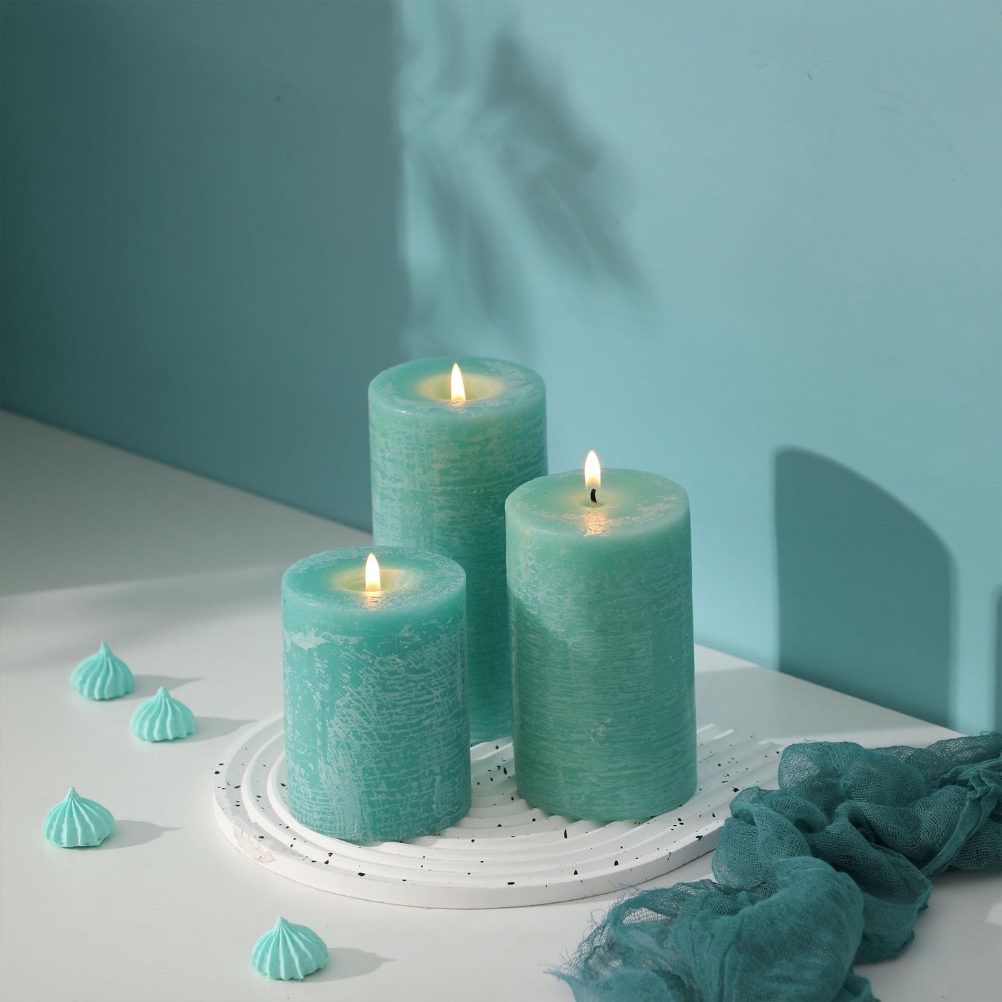 Turquoise Pillar Candles Set of 3 - Hand-Poured Unscented Candles,Smokeless Dripless Candles for Dinner Table and Home, Set of 3 in Different Sizes (3"x4", 3"x5", 3"x6")