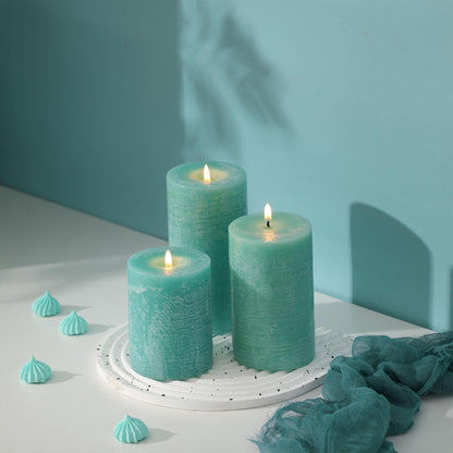 Turquoise Pillar Candles Set of 3 - Hand-Poured Unscented Candles,Smokeless Dripless Candles for Dinner Table and Home, Set of 3 in Different Sizes (3"x4", 3"x5", 3"x6")