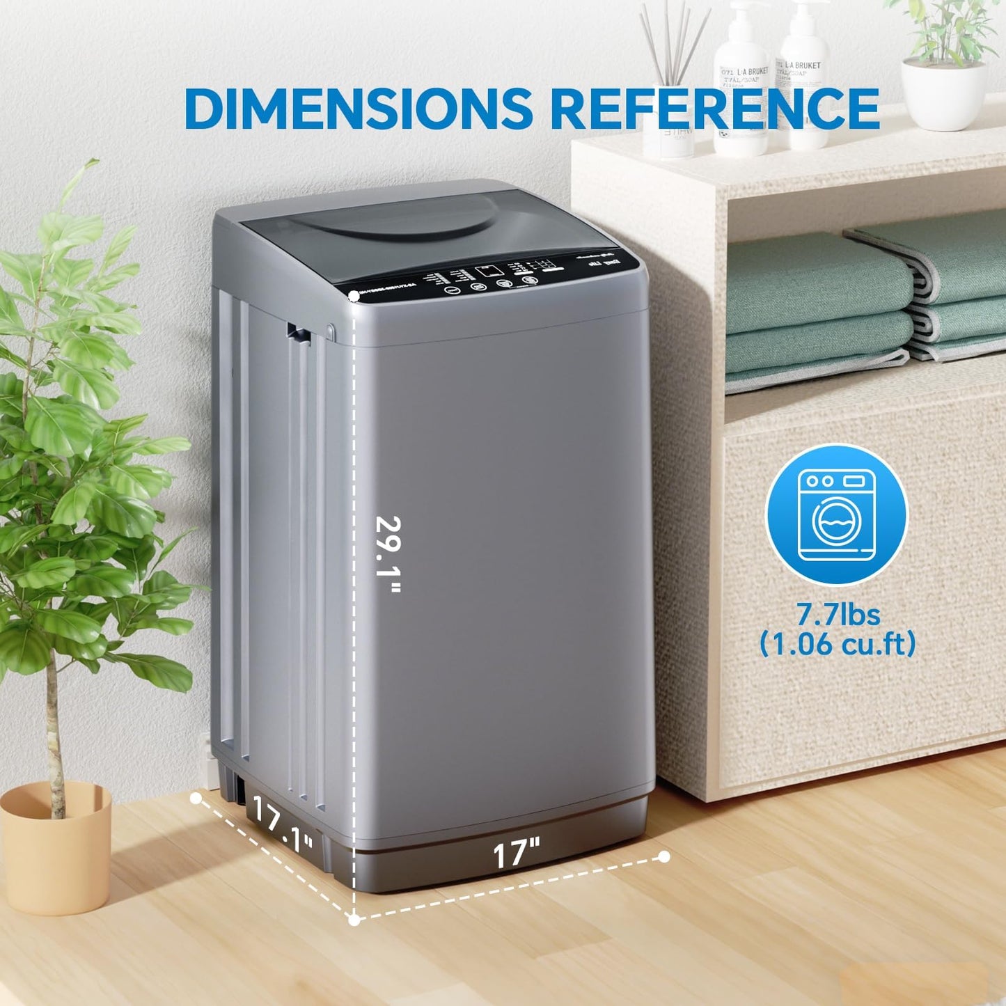 Portable Washing Machine, 7.7LBS Full-Automatic, 10 Wash Cycles, Stainless Steel Drum, Quiet Compact Washer for Apartment, Dorm, RV, Grey