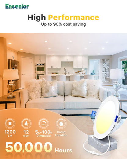 Ensenior 6 Inch Ultra-Thin LED Recessed Light, 12W Dimmable, 2700K-6000K Selectable, ETL Certified, Metal