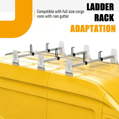 SINASUYE Universal Roof Ladder Rack Adjustable Length 48”-67” for Cargo Van with Rain Gutters Fit for 1996-up Chevy Express 1500 2500 3500 Ford Econoline GMC Savana 800 Lbs Load Capacity