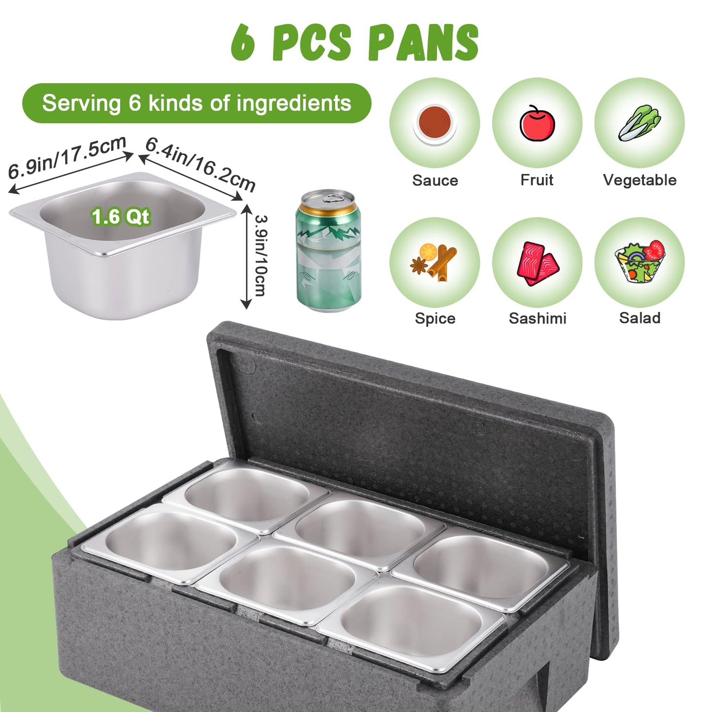 Tragaomx Insulated Cold Food Buffet Ice Serving Trays 6 Lids 6 Pans 2 Ice Packs Insulation Box Cooled Condiment Serving Container Ice Platter Food Cooler for Parties Buffets Fruit Market