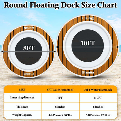 Ziziella Inflatable Water Hammock Floating Dock, 8FT Round Floating Ring for Adults Kids with Anti-Slip Sticker, 6 inch Thick Floating Platform River Floats Dock for Pool Ocean Lake Beach