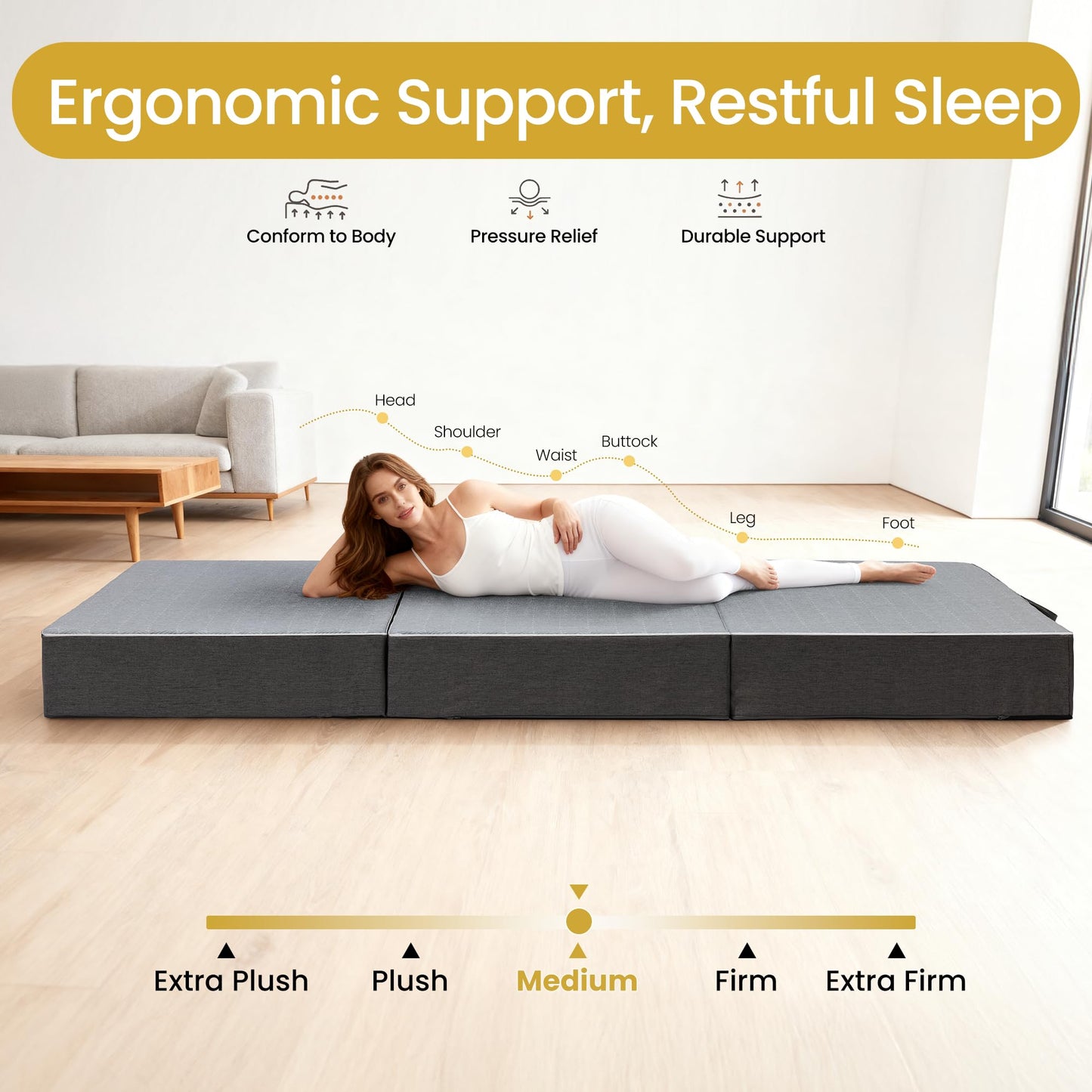 Tri Folding Mattress King Size - 6 Inch Dual-Layer Memory Foam Foldable Mattress Portable Floor Bed Sofa with Removable Washable Cover, Handle & Non-Slip Bottom for Guest, Camping, RV, Yoga, Home Use