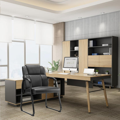 Simple Deluxe Leather Guest Chairs with Padded Arms & Sled Base - Set of 1 Stationary No Wheel Waiting Room Chair for Conference Reception Rooms, Lobby, Home Office Computer Desk, Bedroom, Black