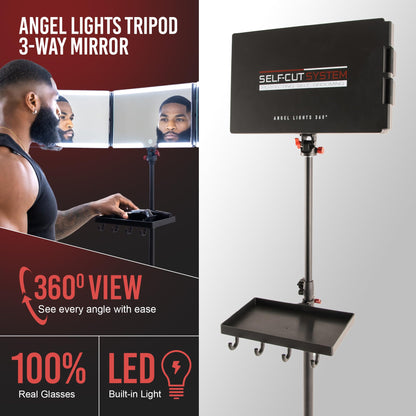Self-Cut System Angel Lights Tripod - 3 Way Mirror for Self Hair Cutting - Includes Attachable Clipper & Trimmer Tray - Trifold Barber Mirror - Adjustable Height & Brightness - Travel-Friendly