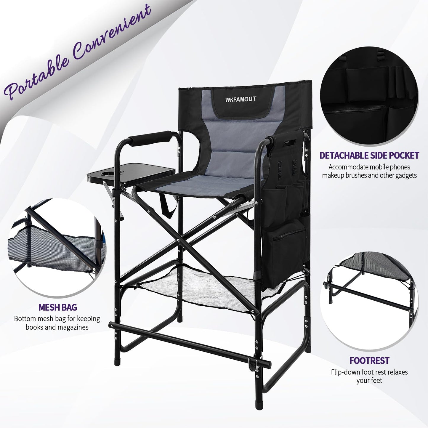 WKFAMOUT Tall Folding Directors Chair with Side Table 30.71" Seat Height Foldable Camping Chair Bar Stool for Makeup Artist Face Painting with Footrest and Storage Pocket Supports 350LBS