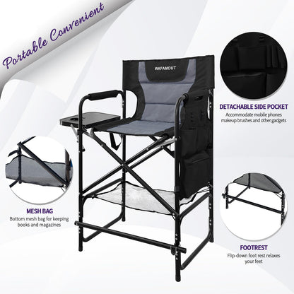 WKFAMOUT Tall Folding Directors Chair with Side Table 30.71" Seat Height Foldable Camping Chair Bar Stool for Makeup Artist Face Painting with Footrest and Storage Pocket Supports 350LBS