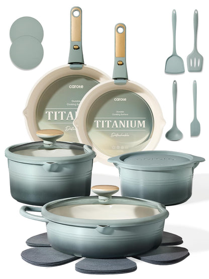 CAROTE 20Pcs Titanium Cookware Set, Pots and Pans Set Non Stick, Kitchen Cooking Set with Detachable Handle, Non Toxic Induction Cookware, Dishwasher/Oven Safe