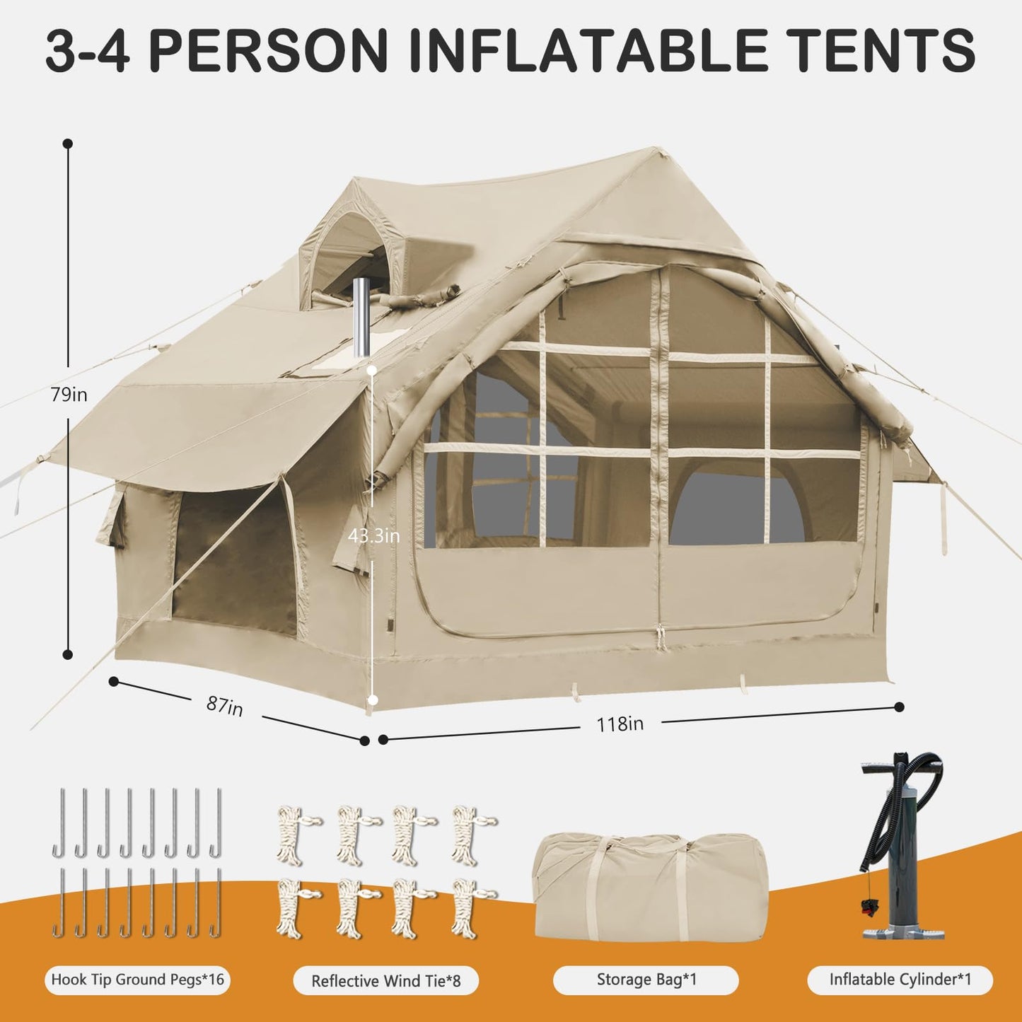 SANHOVO Inflatable Tents for Camping - Easy Blow Up Glamping Tent with Hand Pump, Hot Tent with Stove Jack Waterproof PVC Air Inflatable Tent House for Family Weekend Camping 4-6 Person 4 Season