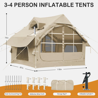 SANHOVO Inflatable Tents for Camping - Easy Blow Up Glamping Tent with Hand Pump, Hot Tent with Stove Jack Waterproof PVC Air Inflatable Tent House for Family Weekend Camping 4-6 Person 4 Season