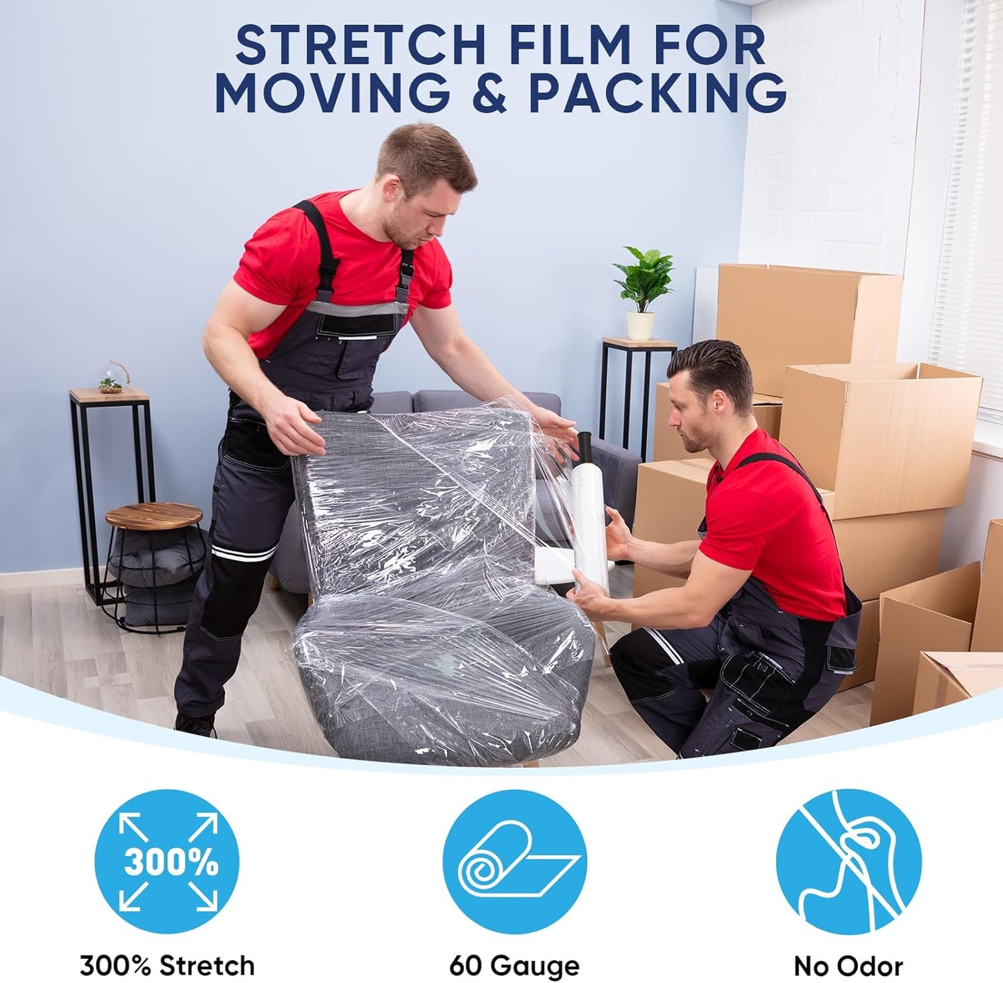 TICONN Stretch Wrap Film Roll - 1000ft Industrial Strength 15" Wide Clear Plastic Wrap with Handles for Shipping & Moving