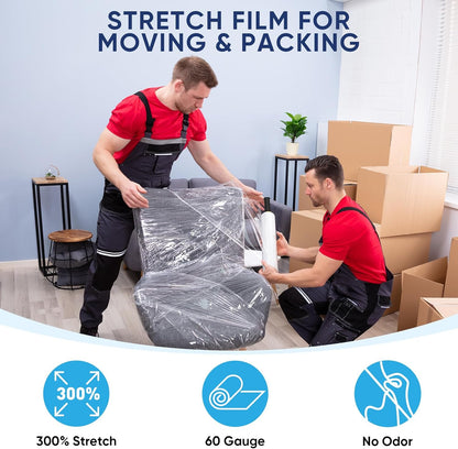 TICONN Stretch Wrap Film Roll - 1000ft Industrial Strength 15" Wide Clear Plastic Wrap with Handles for Shipping & Moving