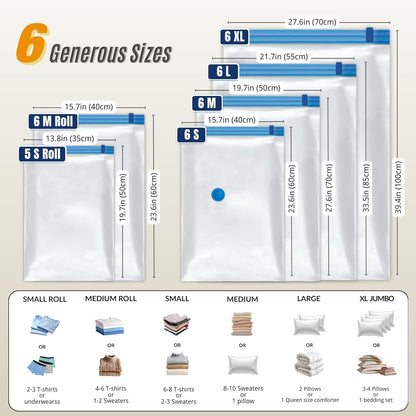 Skiennix Vacuum Storage Bags - 35 Pack Compression Space Saver for Bedding & Clothing - Includes Hand Pump