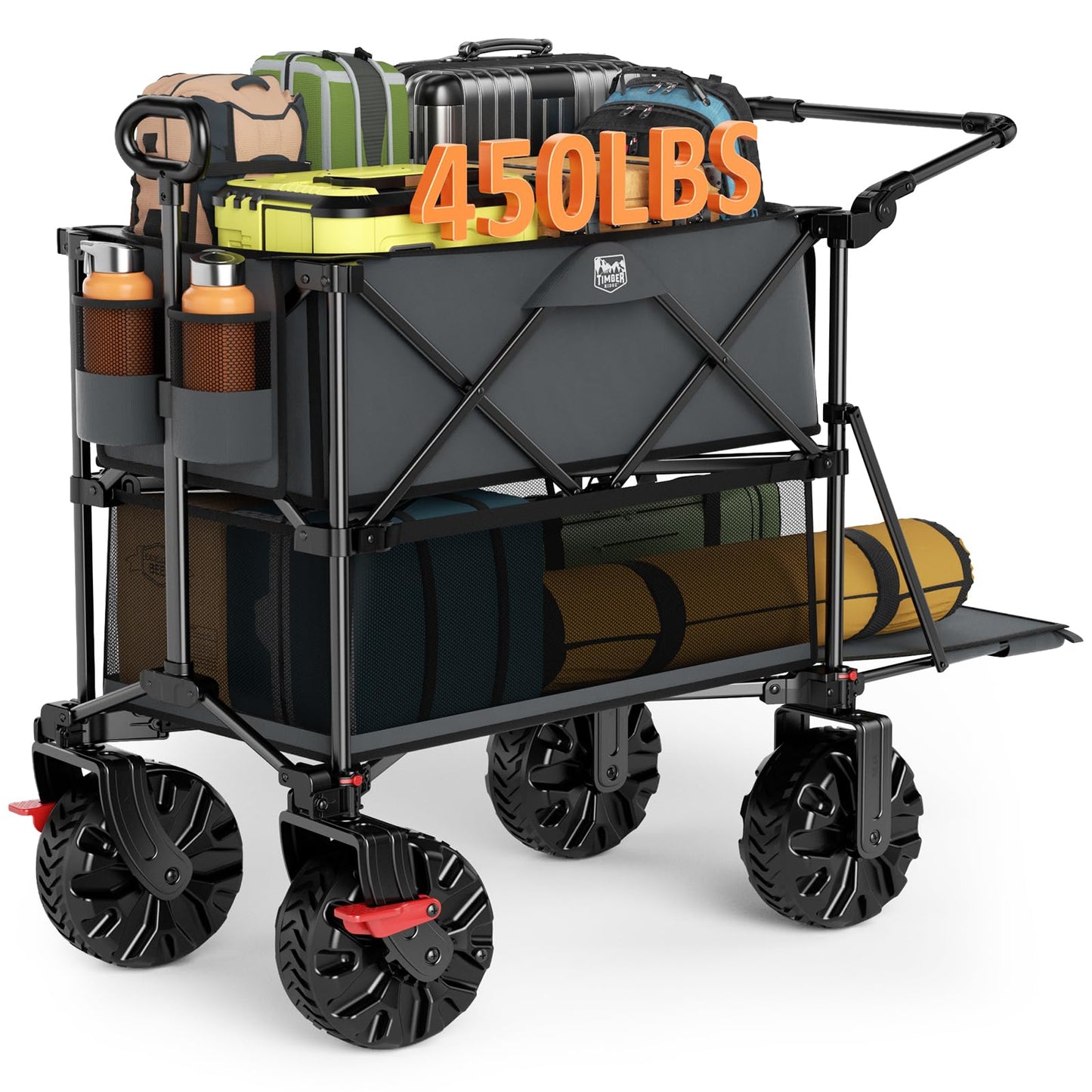 TIMBER RIDGE Push & Pull Double Decker Wagon, 400L Large Capacity Heavy Duty & 450lb Load, Collapsible Cart with All-Terrain Wheels & Brakes, 54” Extended Foldable for Sports, Beach, Camping, Grey