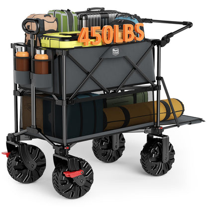 TIMBER RIDGE Push & Pull Double Decker Wagon, 400L Large Capacity Heavy Duty & 450lb Load, Collapsible Cart with All-Terrain Wheels & Brakes, 54” Extended Foldable for Sports, Beach, Camping, Grey