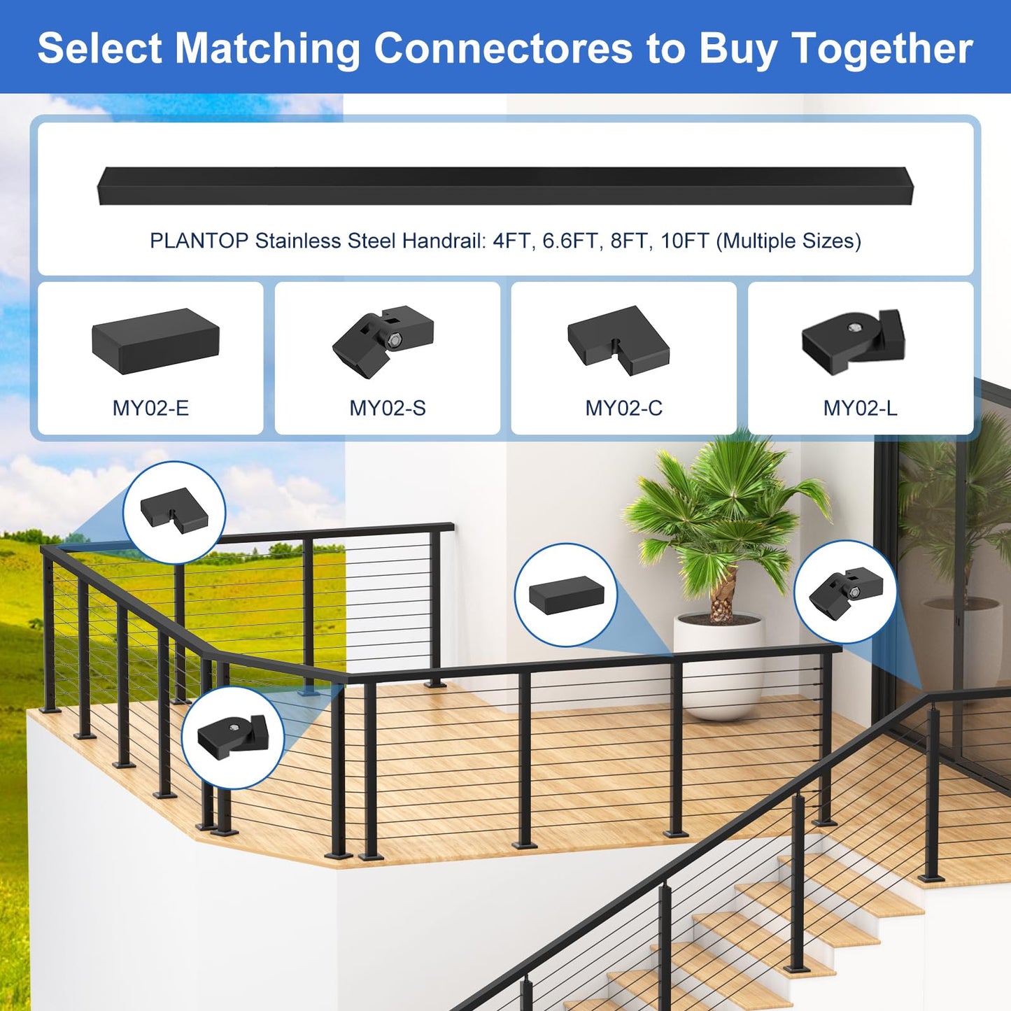 PLANTOP 12-20FT Complete Set 36" Cable Railing Post Kit(35"x2"x2"), 4pcs Stainless Steel Black Flat Top Surface Mount Level Posts,1/8" Wire Rope(No Handrail),Swageless Cable Railing System Kit,MY07-LP