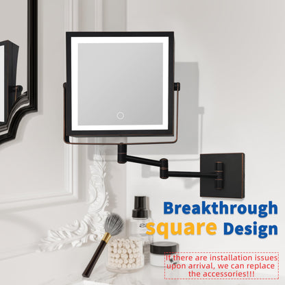 Ruacq Rechargeable Wall Mounted Makeup Mirror with Lights, Double Sided 1X/10X Magnifying Vanity Mirror with 3 Color Lighting, Touch Screen Dimmable, 360° Rotation Extension Foldable Arm(Matte Black)
