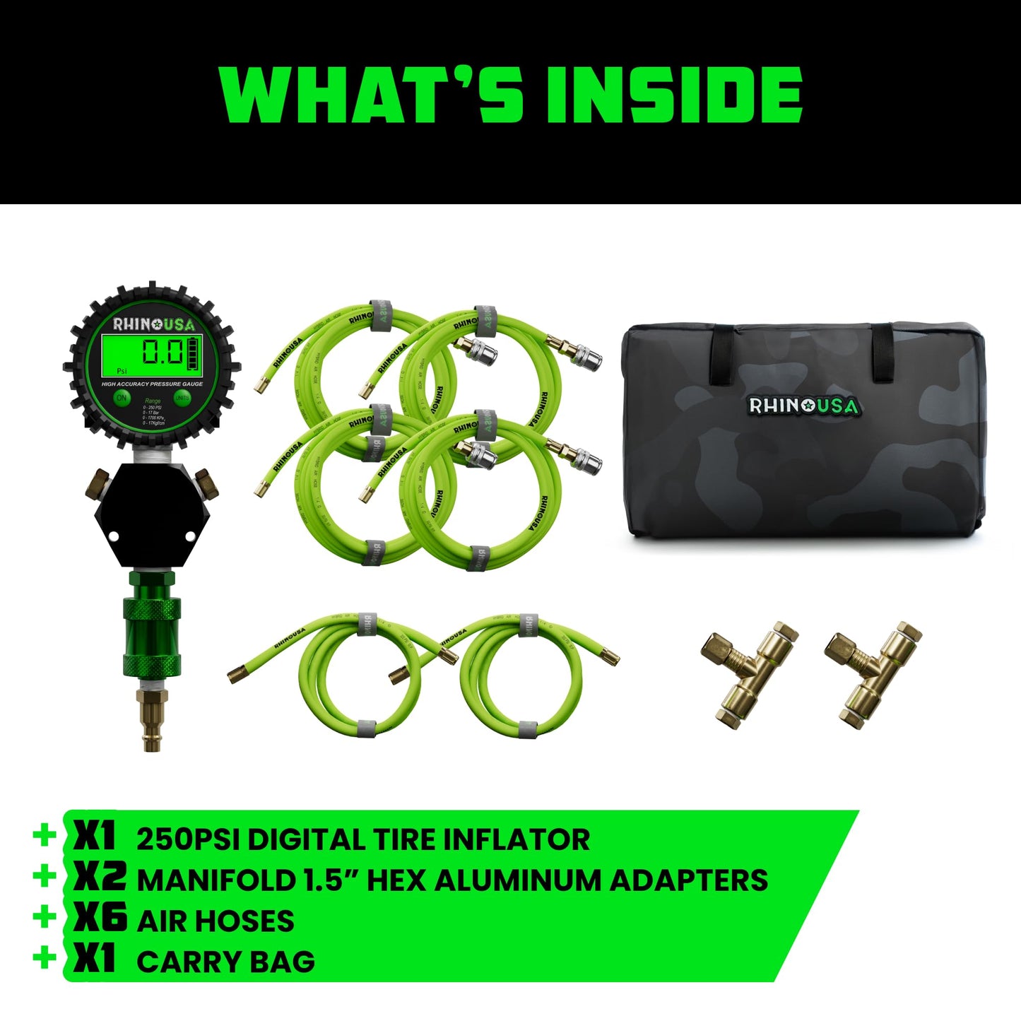 Rhino USA 4 Tire Inflation/Deflation System - Fits up to 155" Wheelbase - Ultra Fast 4 Way Tire Inflator Hose Kit for Truck, Car, Trailers & Motorcycles - Improved Design With On/Off Slide Valve
