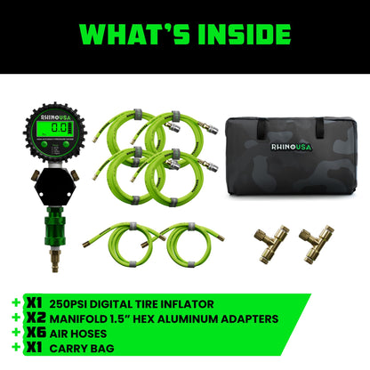 Rhino USA 4 Tire Inflation/Deflation System - Fits up to 155" Wheelbase - Ultra Fast 4 Way Tire Inflator Hose Kit for Truck, Car, Trailers & Motorcycles - Improved Design With On/Off Slide Valve