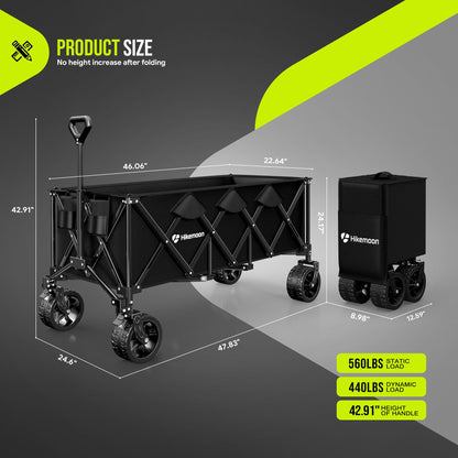 Hikemoon 300L Extra Large Wagons Carts Foldable, 560LBS Heavy Duty Collapsible Beach Wagon 48" Long with Big All-Terrain Wheels, Utility Folding Cart for Camping, Grocery, Sports, Garden, Black